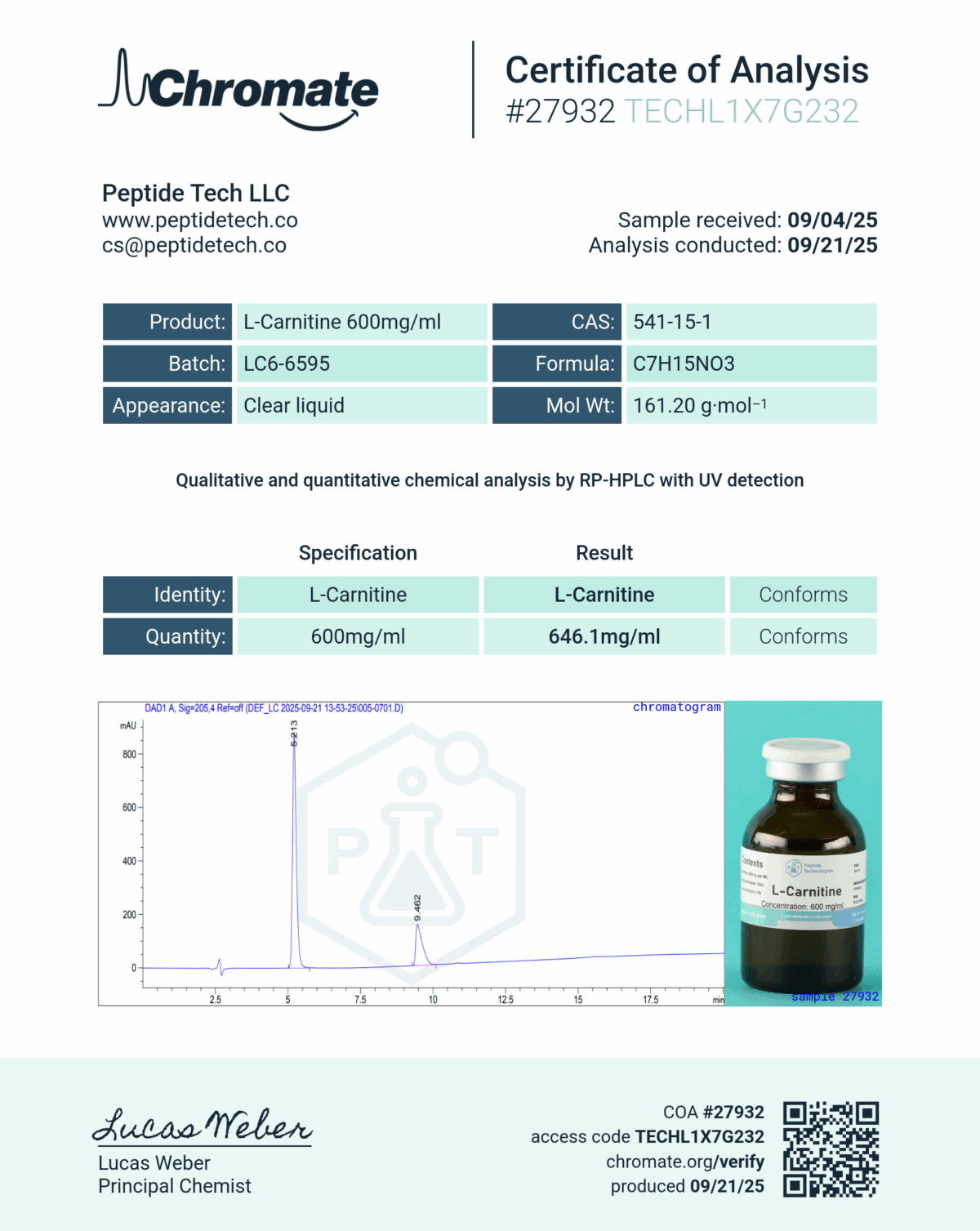 L-Carnitine 600 mg/ml (20mL volume) (liquid) - Image 2